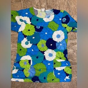 Floral Blue and Green Scrub Top